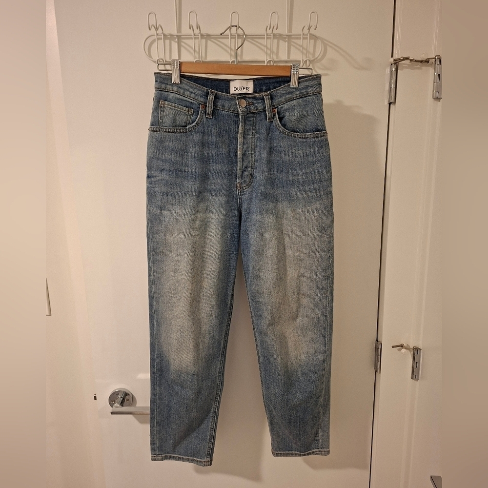 DU/ER Women's Classic Blue Denim Mom Jeans in Coolmax Cotton Fabric (US 28")